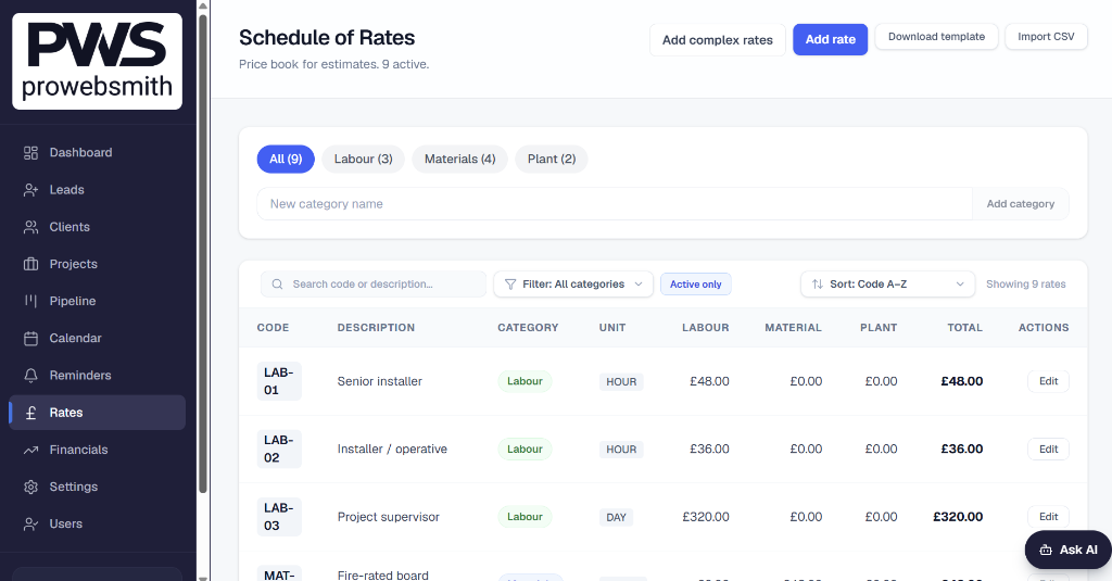 Dynamic Schedule of Rates & PDF Proposal Engine